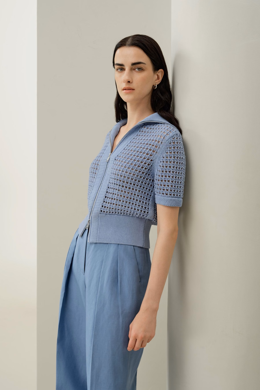 Toscana Pointelle Strick Doppel-Reißverschluss Cardigan