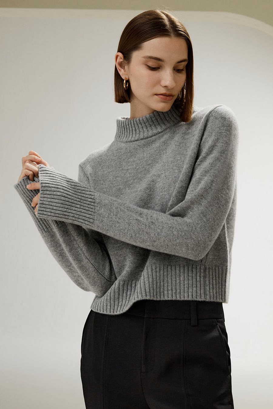 Rippkragen und Saum Woll-Kaschmirpullover