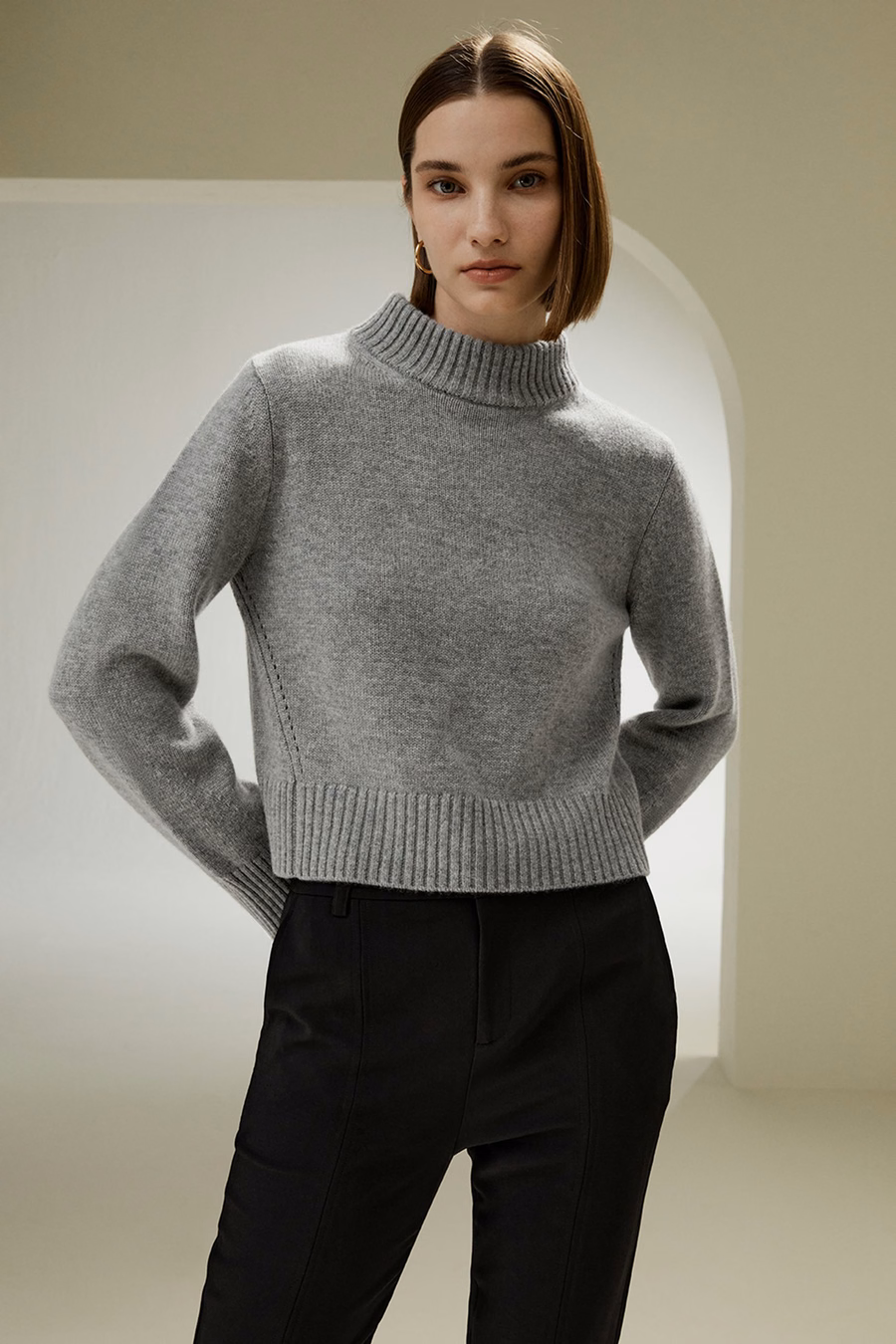 Rippkragen und Saum Woll-Kaschmirpullover