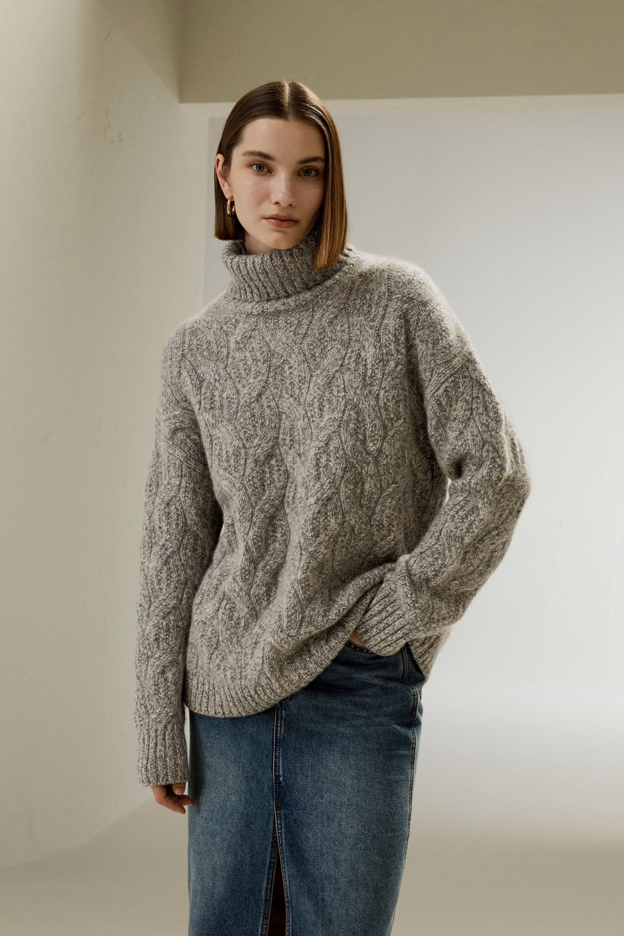 Kabelstrick-Kaschmir-Turtleneck-Pullover