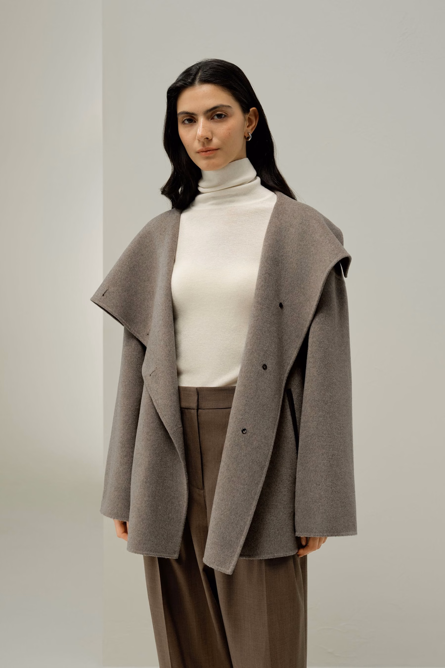 Convertible Collar Silk-Wool Blend Mantel