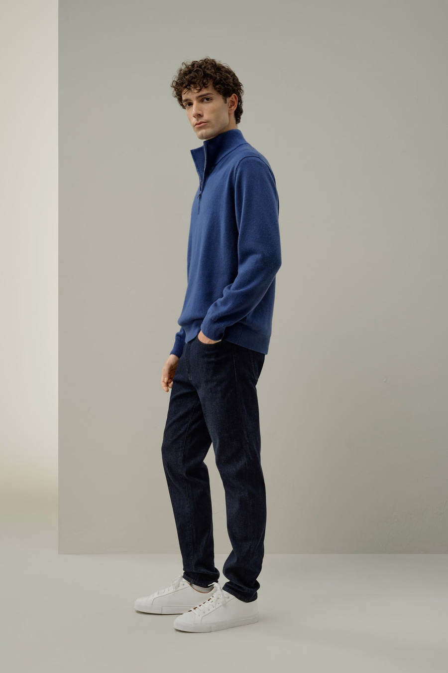 Wool Blend Stand Collar Zip-Up Sweater