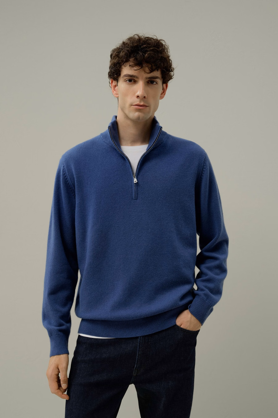 Wool Blend Stand Collar Zip-Up Sweater