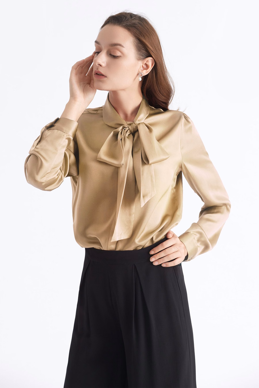 Frauen Fliegenkragen Seidenbluse