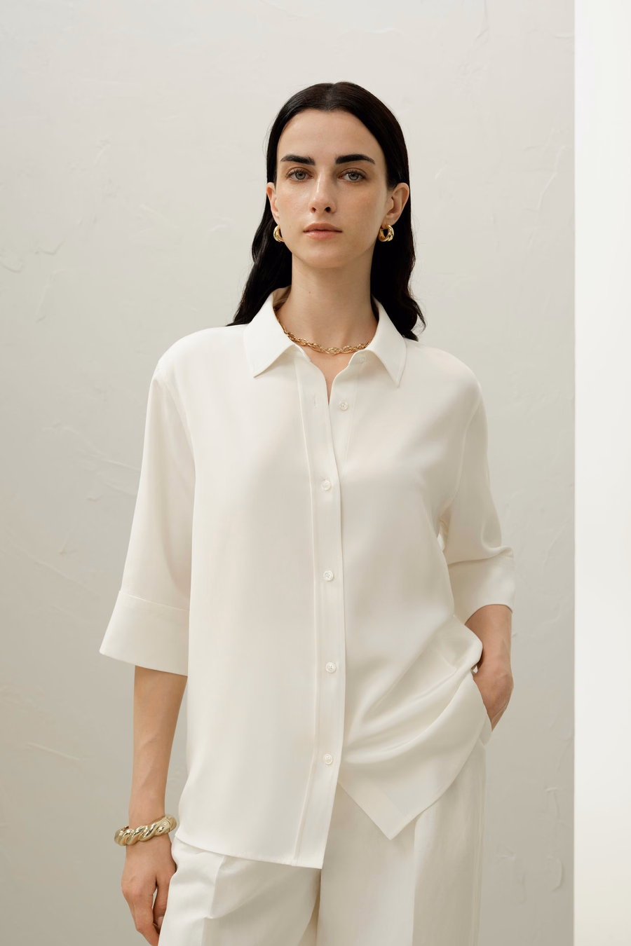 Seiden-Crêpe Relaxed Halbarm-Shirt