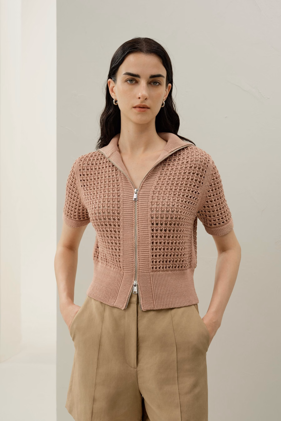 Toscana Pointelle Strick Doppel-Reißverschluss Cardigan