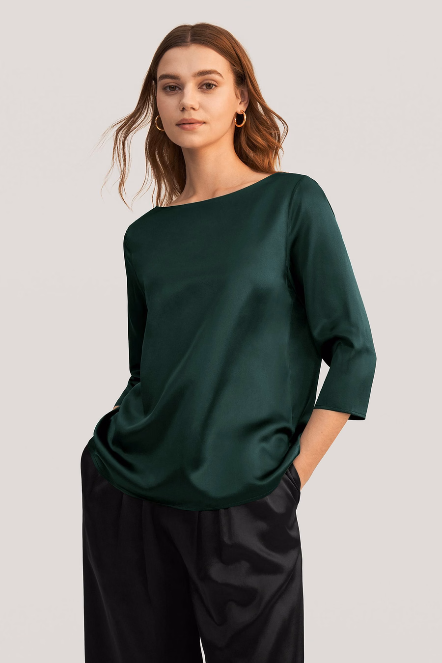 3/4-Ärmel Boot-Ausschnitt Seidenbluse