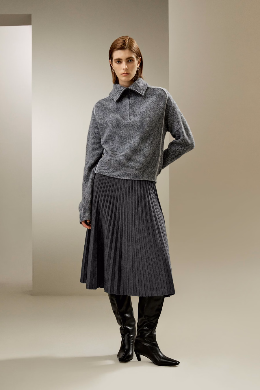 Pleated A-line Merino Wool Skirt
