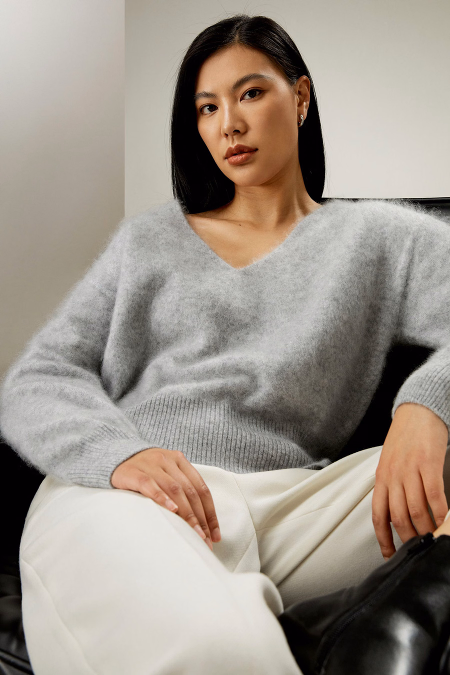 Gebürsteter V-Neck Cashmere-Pullover