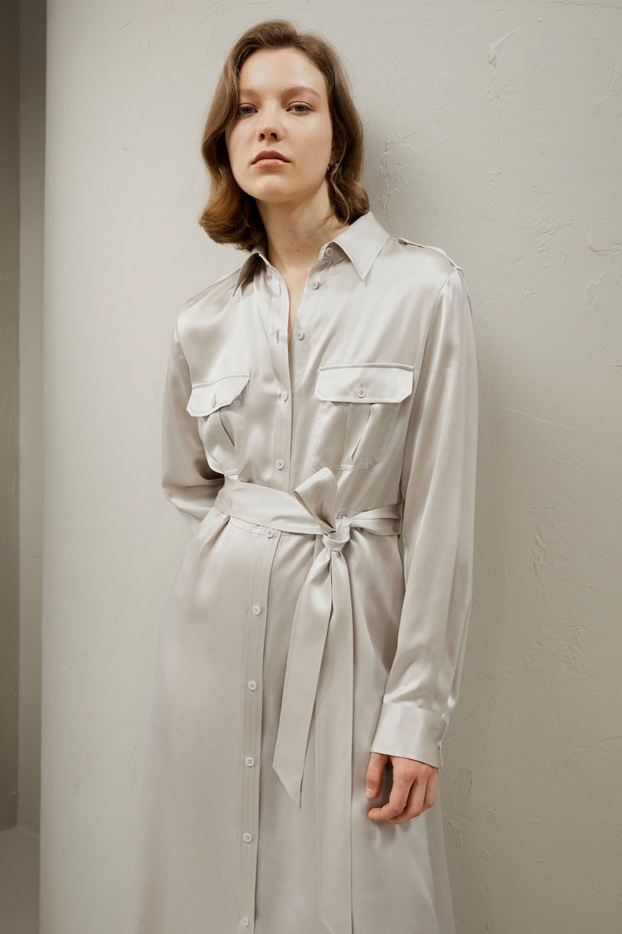Trench-Style Silk Midi Shirt Dress