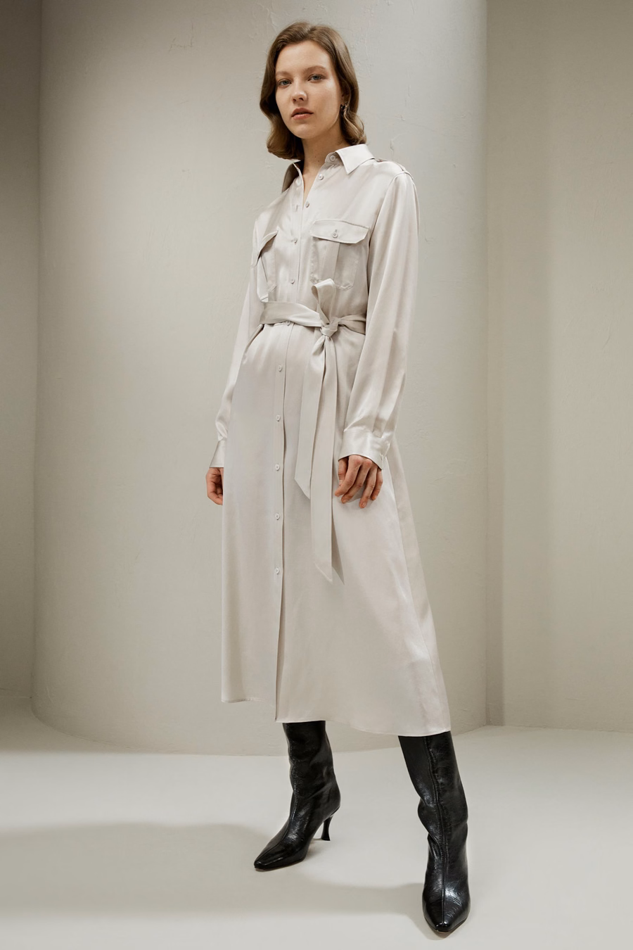 Trench-Style Silk Midi Shirt Dress