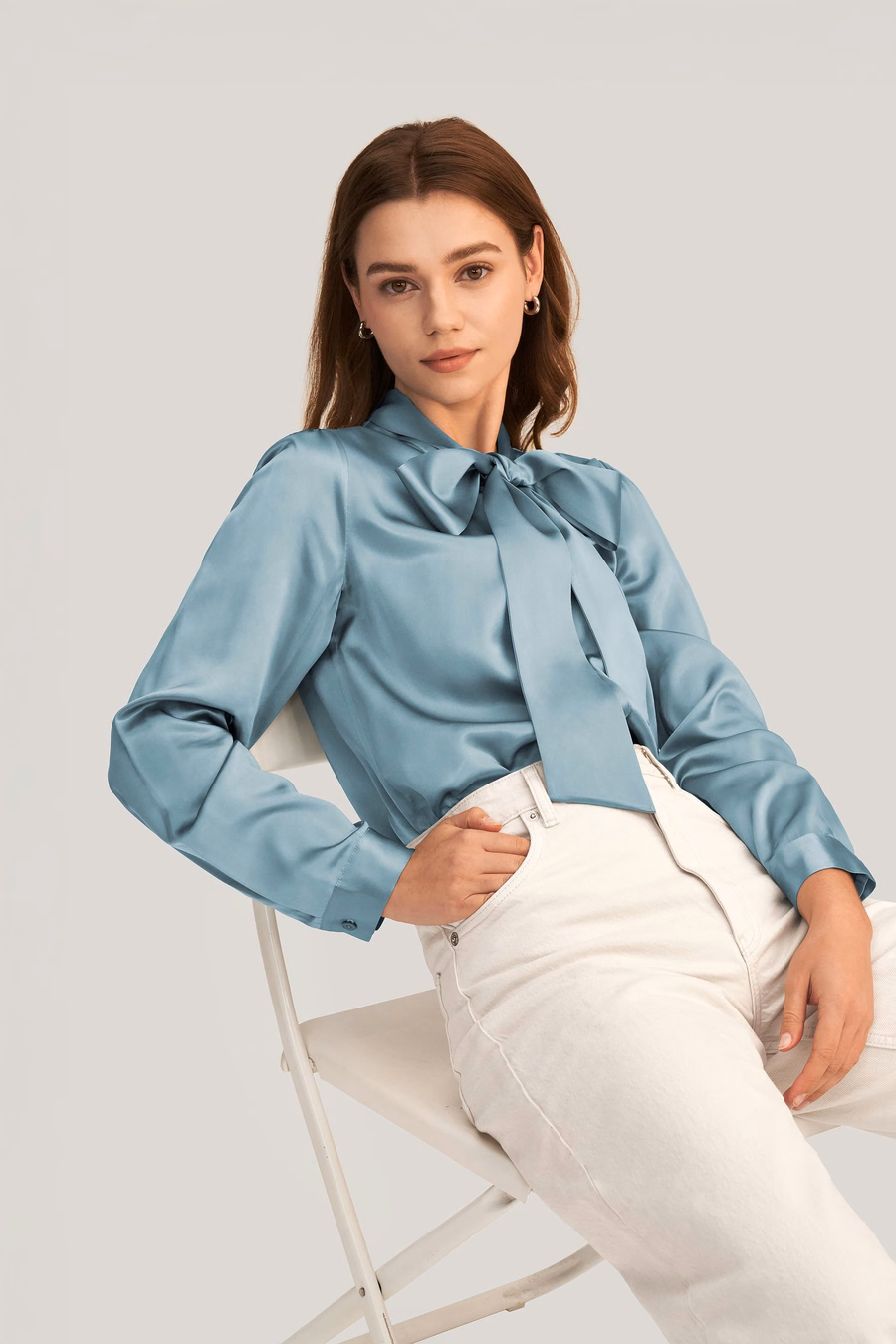 Frauen Fliegenkragen Seidenbluse