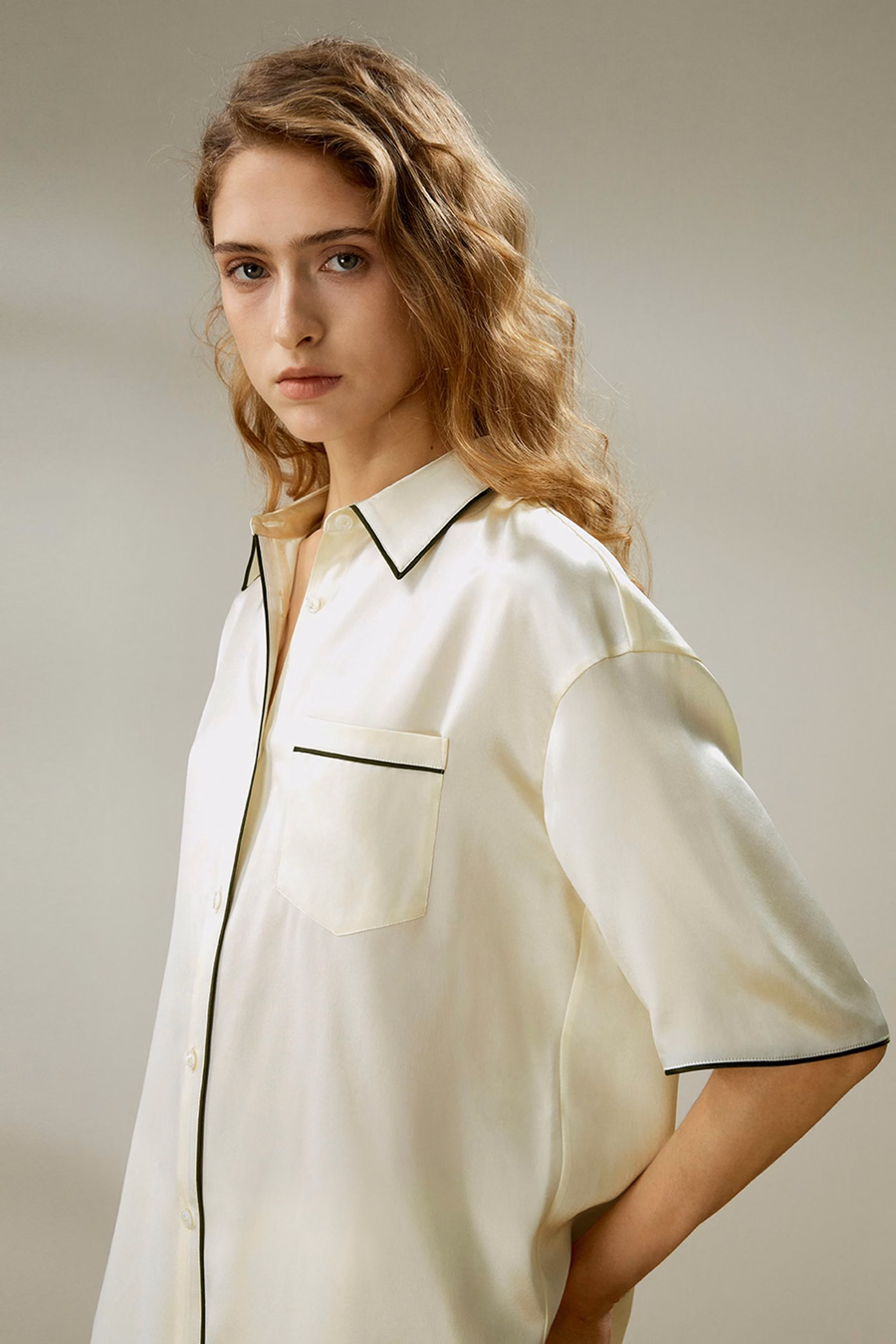 Contrast Piping Button-Up Short Sleeves Pajama Set