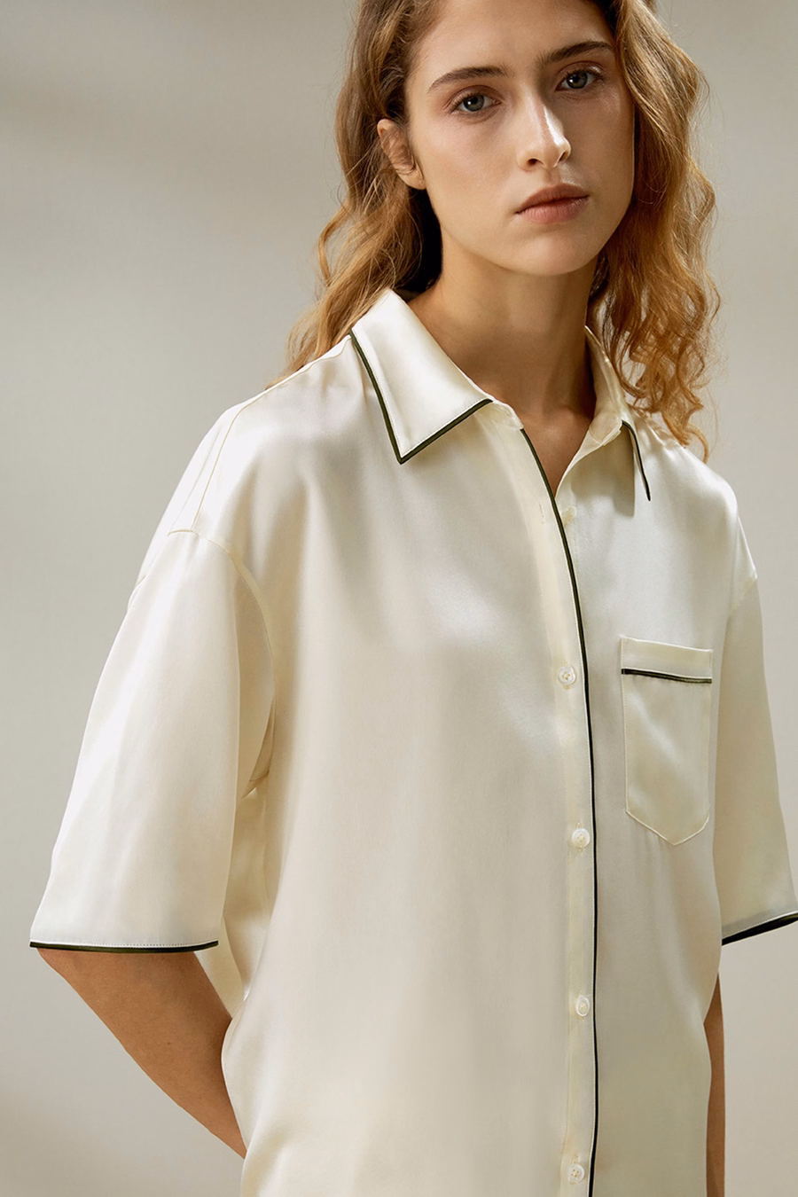 Contrast Piping Button-Up Short Sleeves Pajama Set