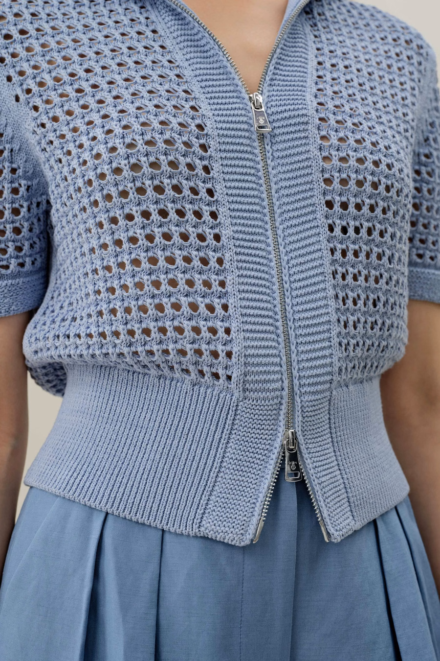 Toscana Pointelle Strick Doppel-Reißverschluss Cardigan