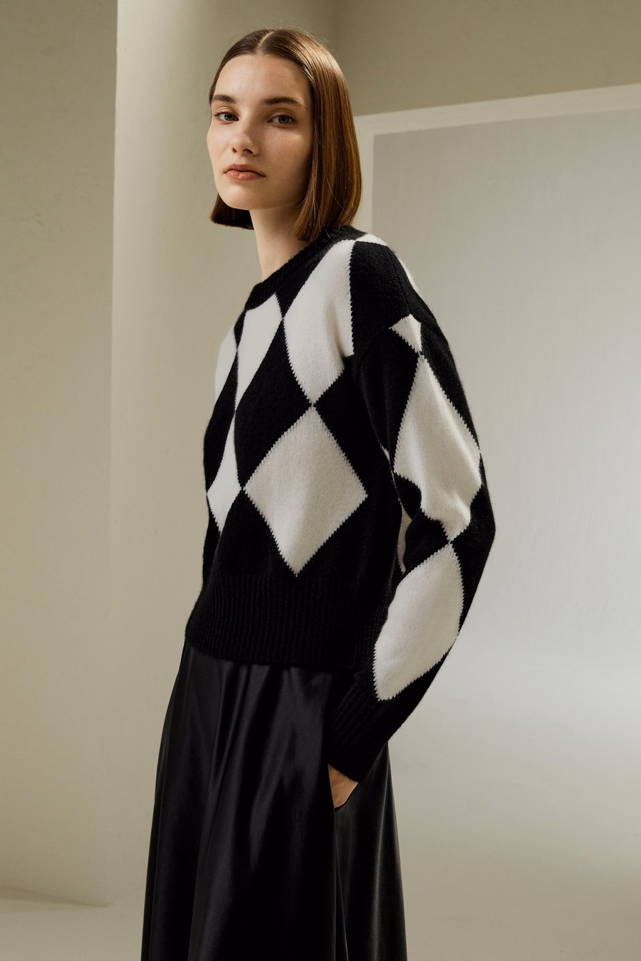 Rundhals-Diamantmuster-Kaschmirpullover
