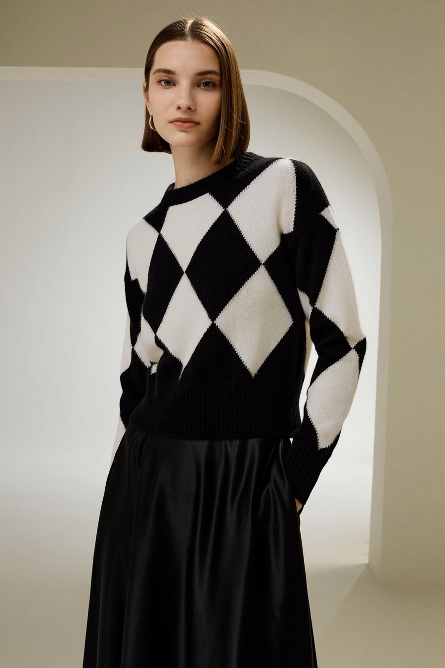 Rundhals-Diamantmuster-Kaschmirpullover