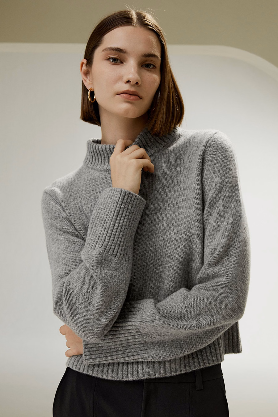 Rippkragen und Saum Woll-Kaschmirpullover