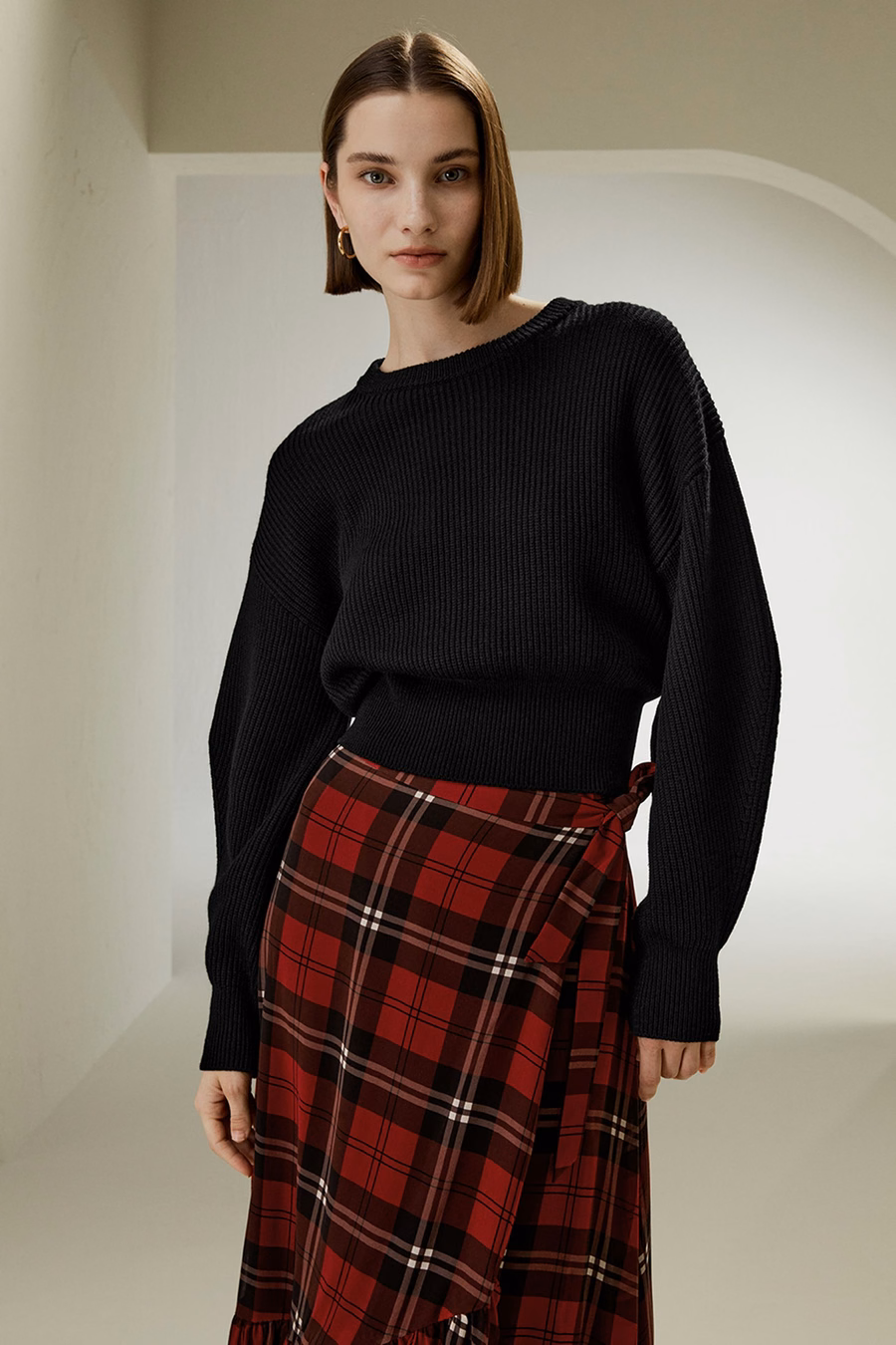 Rundhals-Drop-Shoulder Merinowollpullover