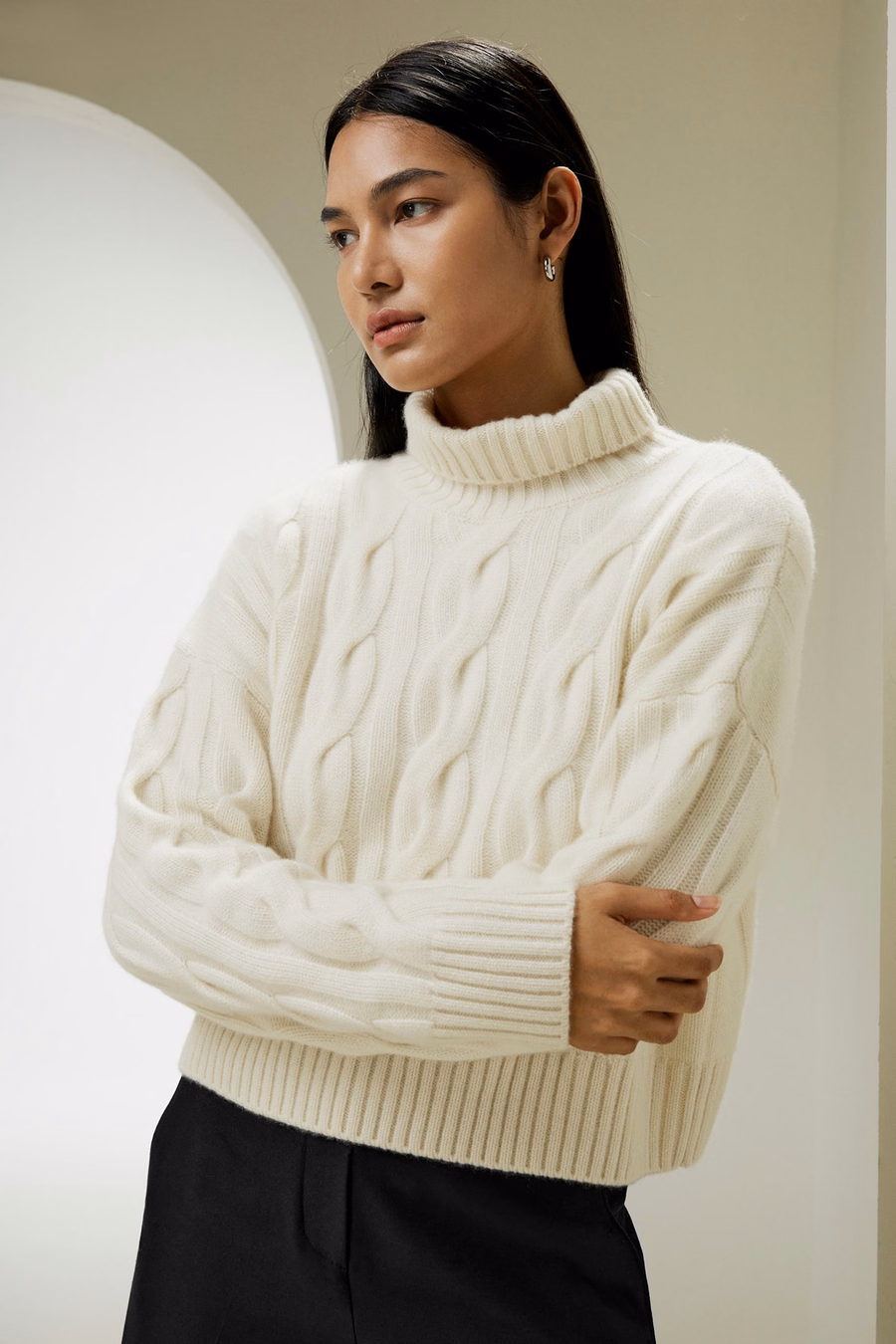 Kabelstrick-Kaschmir-Rollkragenpullover