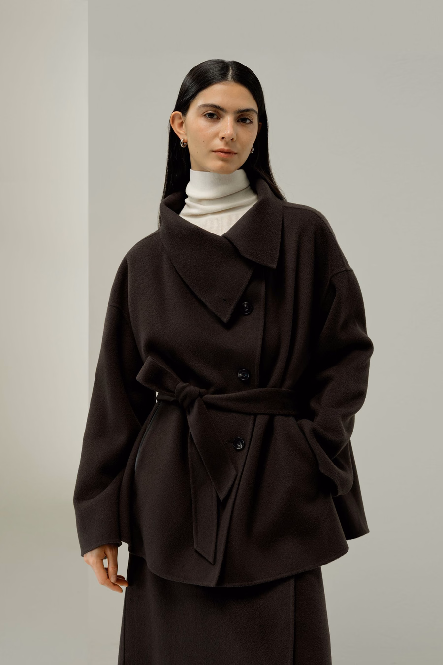 Convertible Collar Silk-Wool Blend Mantel