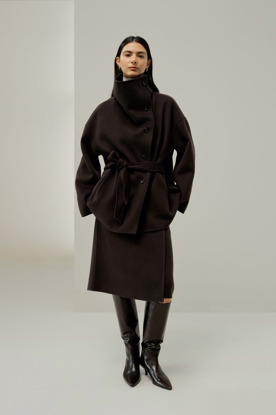 Convertible Collar Silk-Wool Blend Mantel