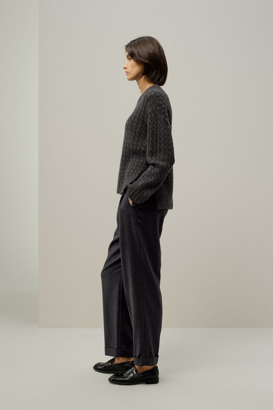 Rundhals Kabelstrick-Kaschmir-Pullover