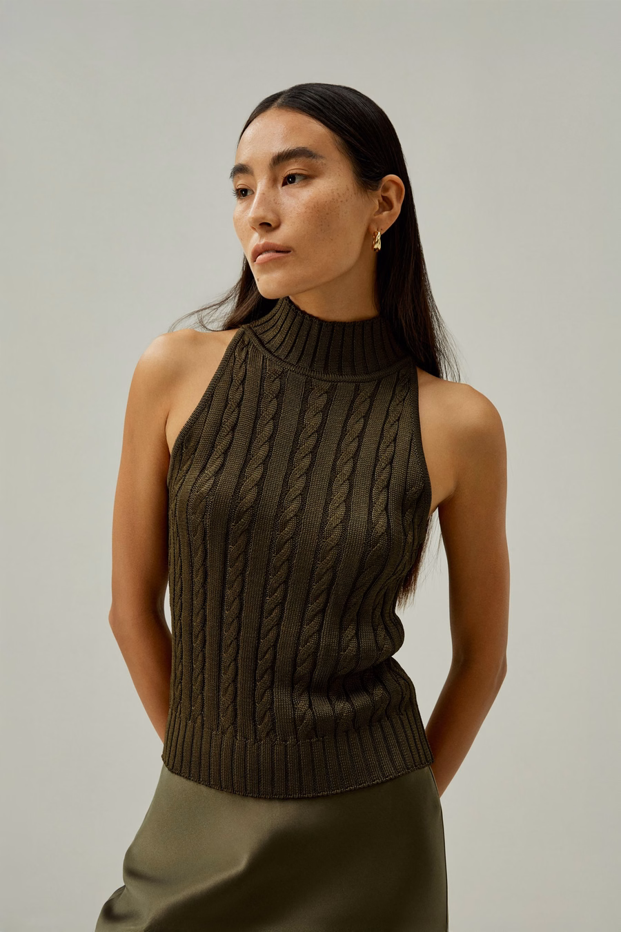 Klassisches High-Neck Kabelstrick Ärmelloses Top