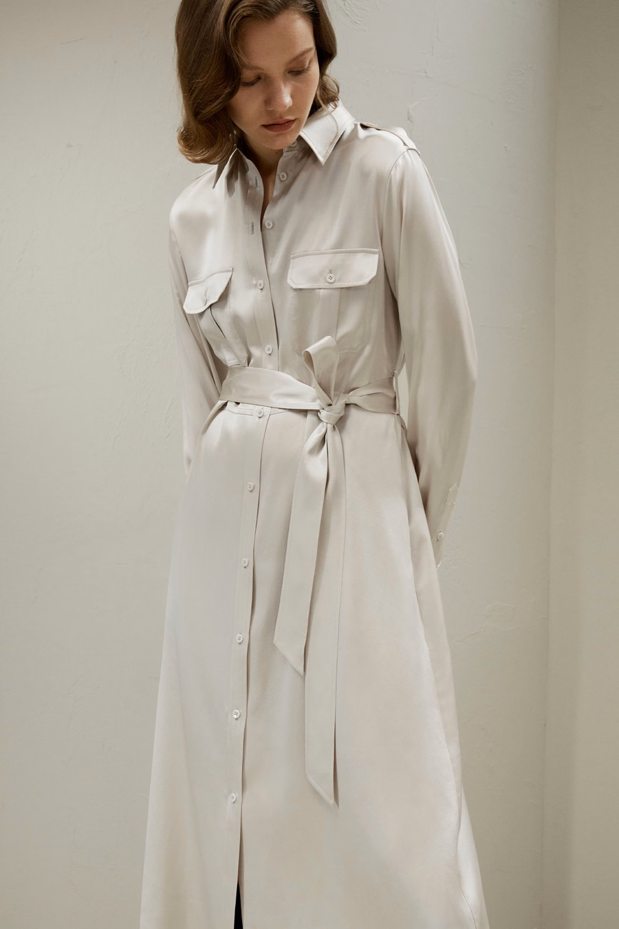 Trench-Style Silk Midi Shirt Dress