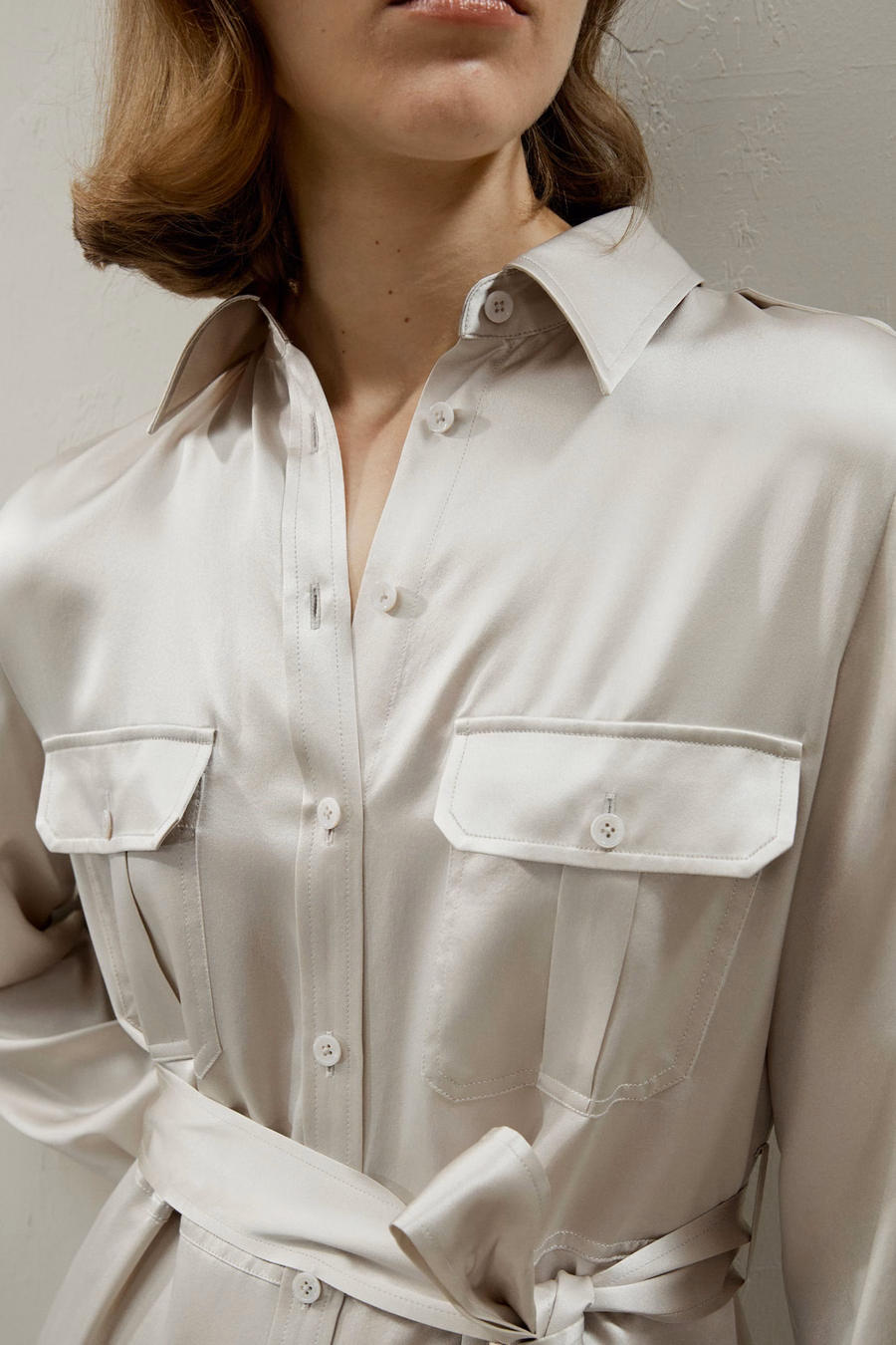 Trench-Style Silk Midi Shirt Dress