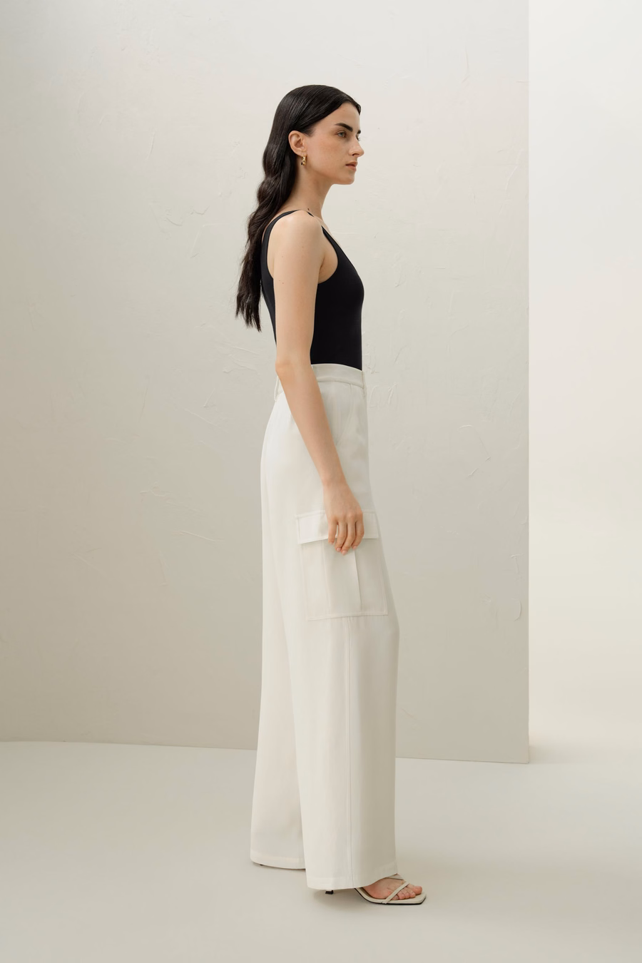 White Silk Crepe Cargo Pants