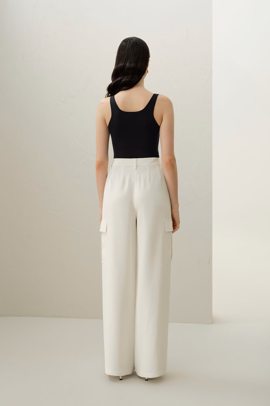 White Silk Crepe Cargo Pants