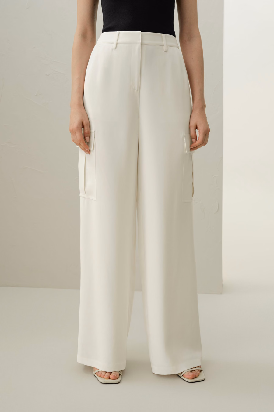 White Silk Crepe Cargo Pants