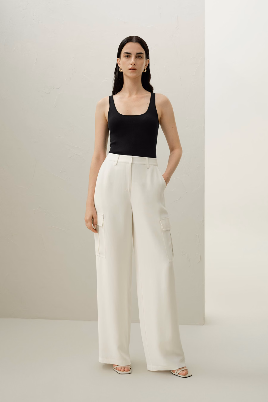 White Silk Crepe Cargo Pants
