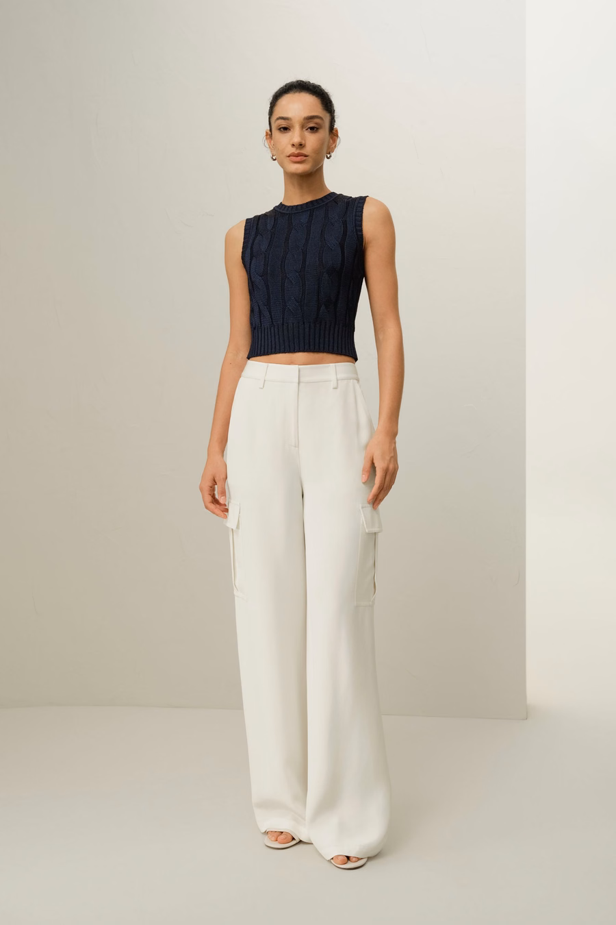 White Silk Crepe Cargo Pants